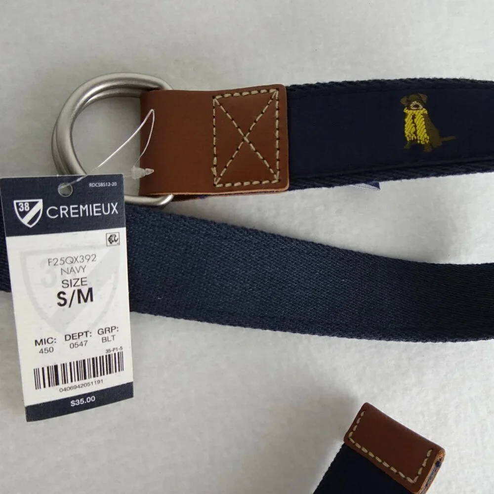 Cremieux Belt Men's Size S Blue Cloth Embroidered Dog Adjustable D Ring Preppy
